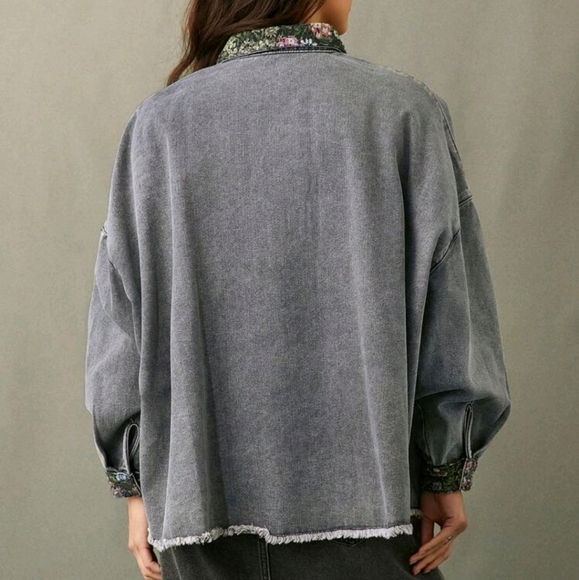 Contrast Vintage Floral Tapestry Denim Shirt Jacket Shacket - Picture 4 of 5